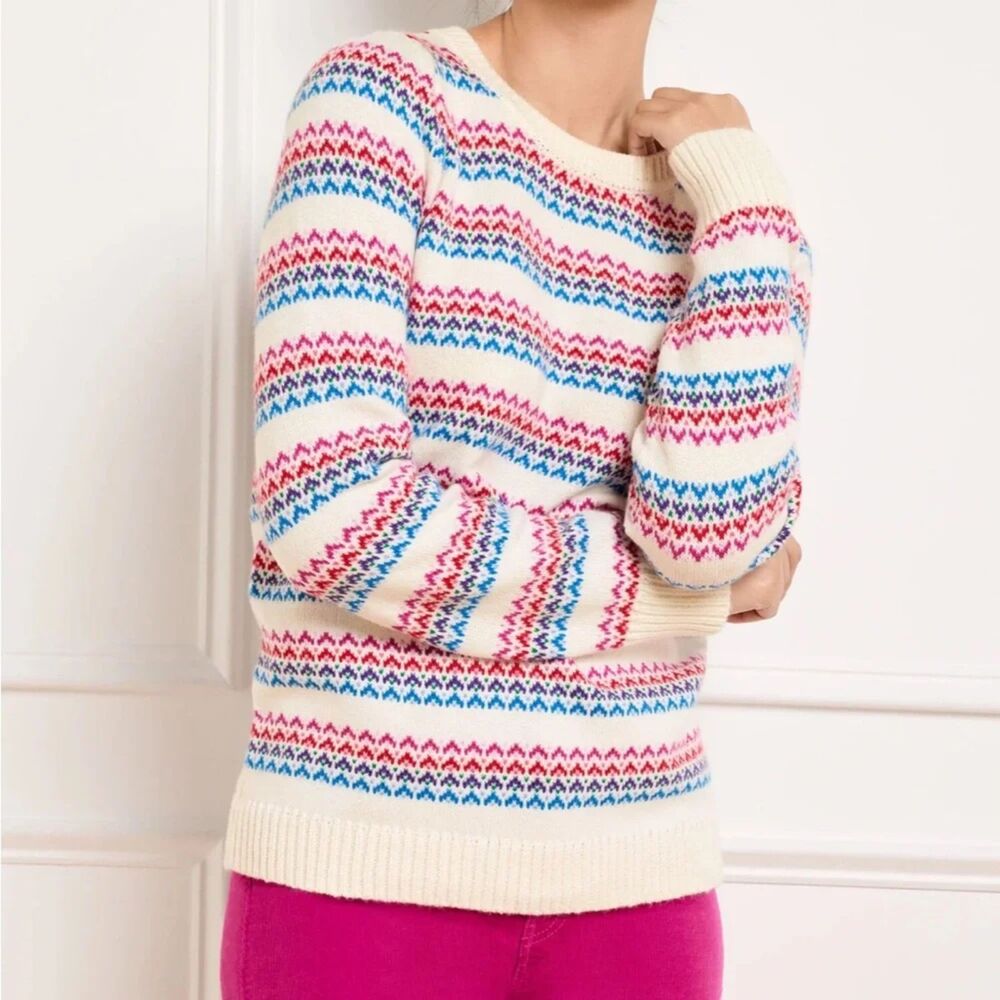Talbots ivory and pretty jewel tone knitted sweater with back button detail XLP